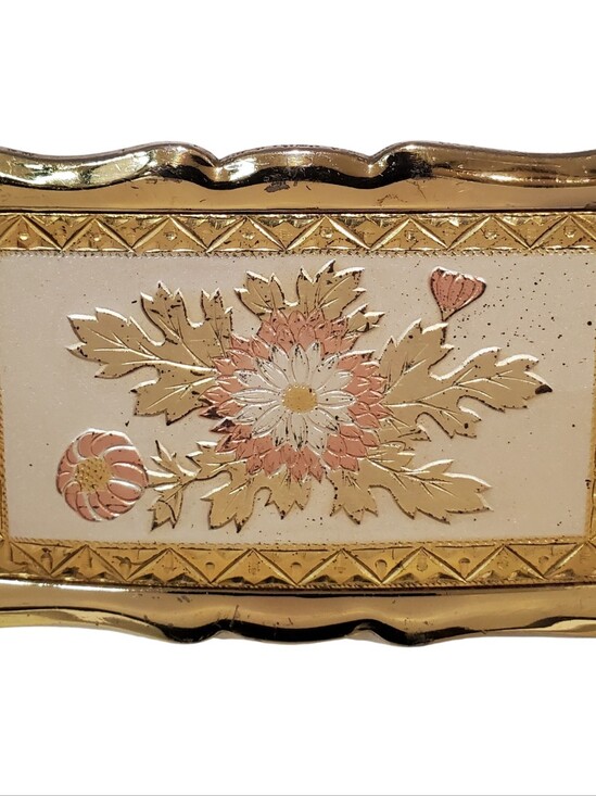 Vintage Estate Tri-Tone Etched Floral Scalloped Rectangular Belt Buckle main image 13